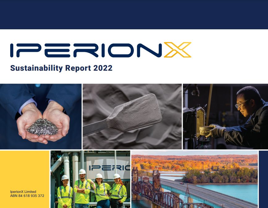 Sustainability Report 2022 Cover with collage of images and IperionX logo.